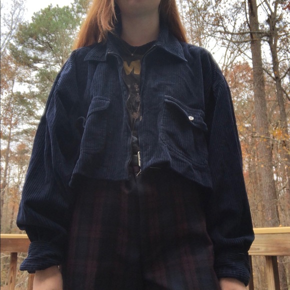 Vintage navy blue corduroy cropped collared jacket - Picture 2 of 4
